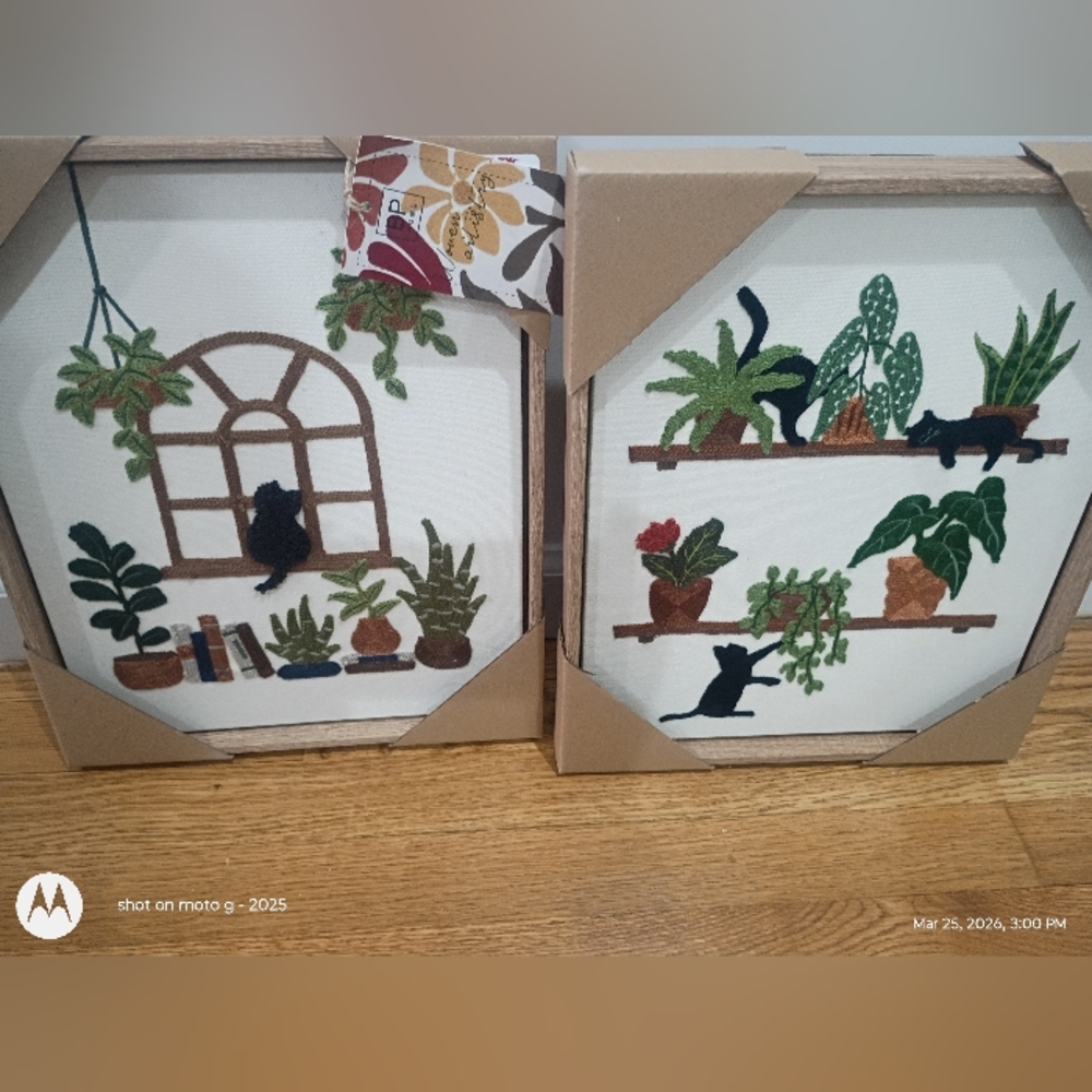 BP Home Embroidered Woven Cat Window Plants Books Wall Art